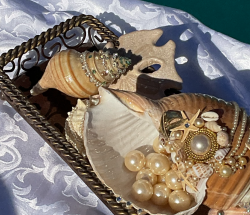 Seashells embellished with vintage jewelry, rhinestones and a variety f beautiful things.