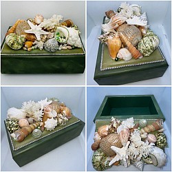 Large wooden box with removable top embellished with beautiful seashell collage 9”Lx6”Wx5 3/4” tall  $55