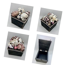 Black wooden box embellished with real coral, seashells, starfish and rhinestones. 4”x4”x4 1/2” H $35