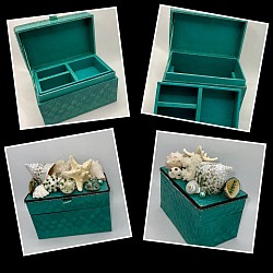 SOLD. This teal embellished jewelry or trinket box made of a sturdy cardboard material. Real coral, starfish and seashells with rhinestones 5”Wx3”Dx5”H.  $30